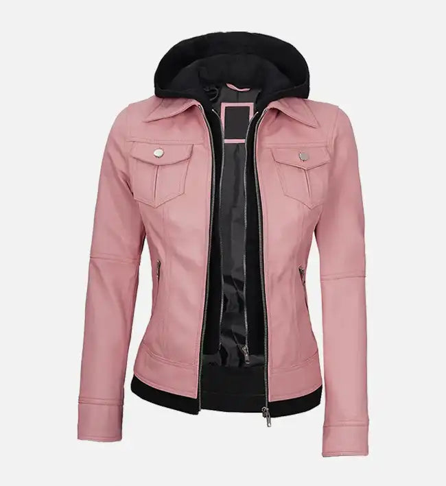 Women's Pink Leather Jacket With Hood