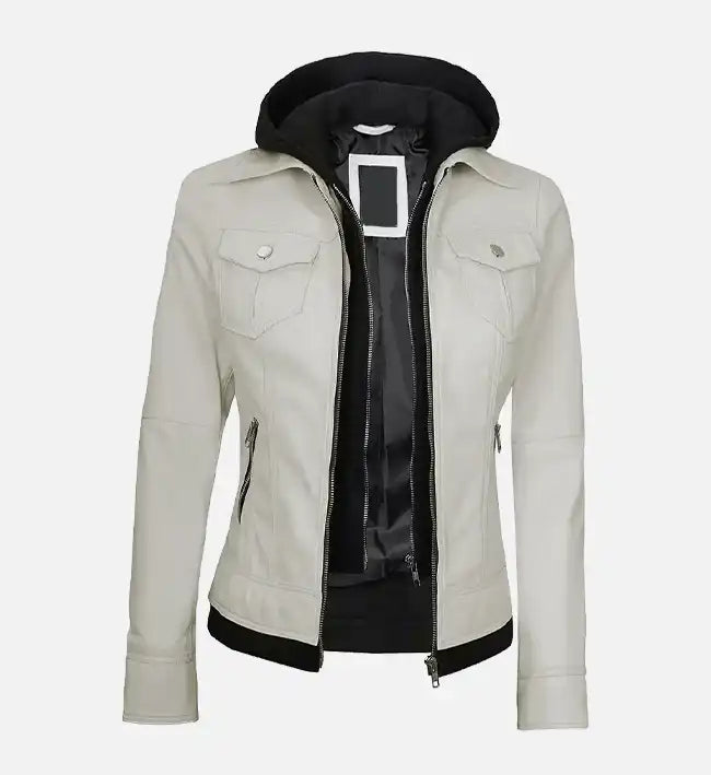 Women's Off White Leather Jacket With Hood