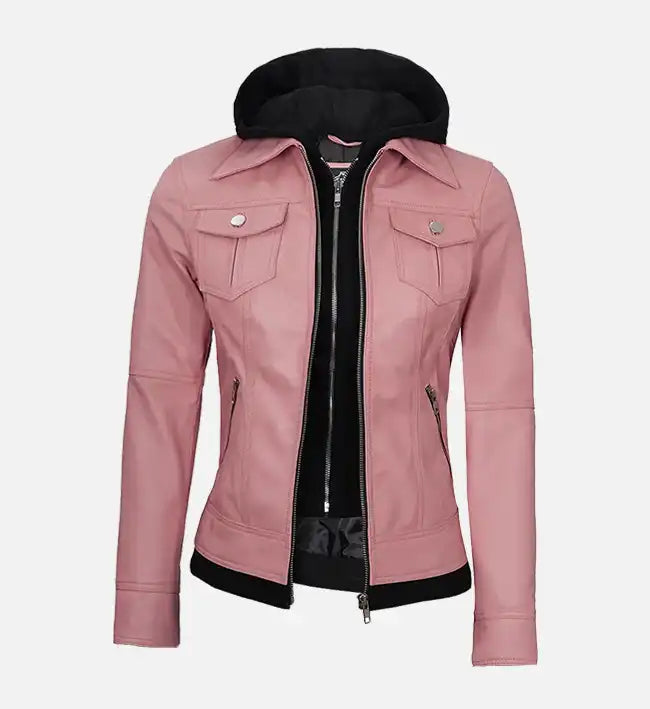 Women's Pink Leather Jacket With Hood