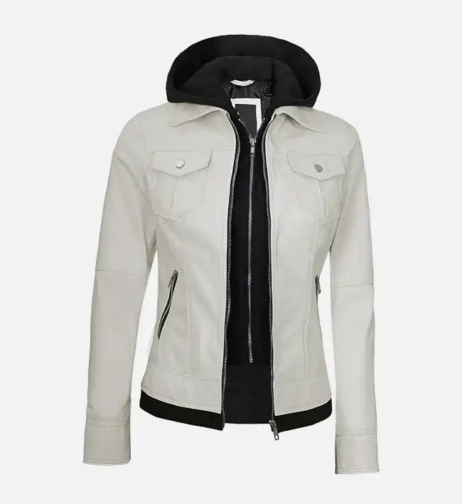 Women's Off White Leather Jacket With Hood