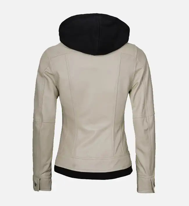 Women’s Beige Leather Jacket With Hood