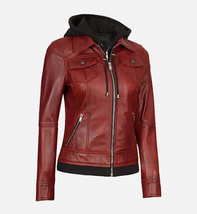 Women's Maroon Leather Jacket With Removable Hood