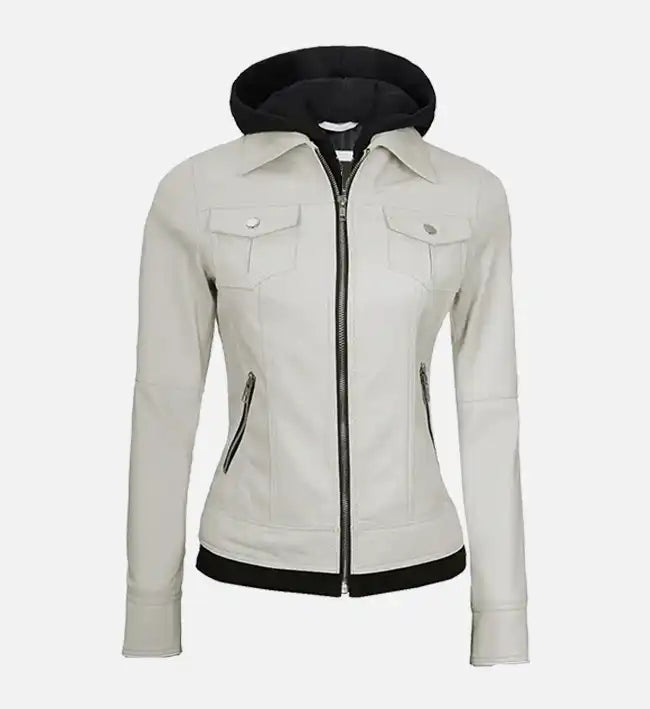 Women's Off White Leather Jacket With Hood