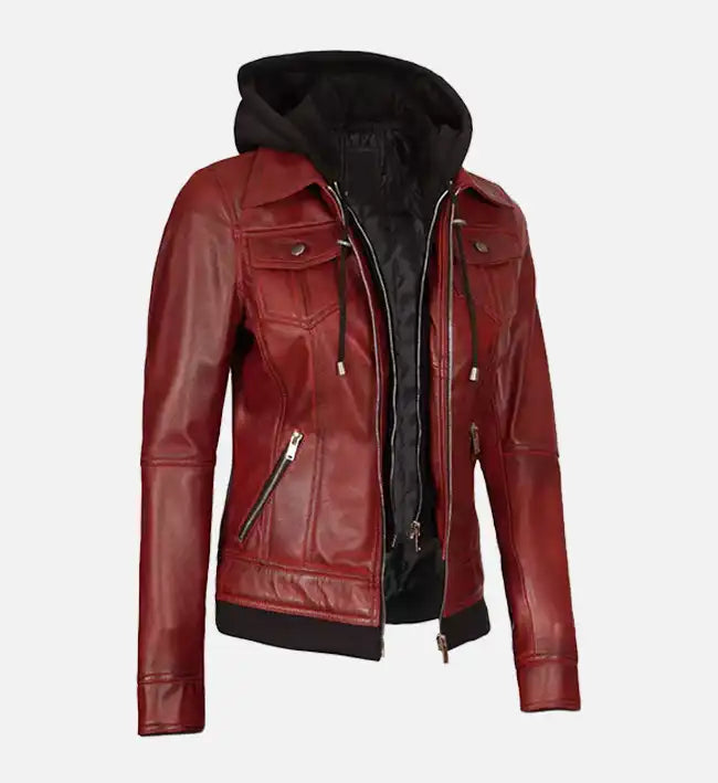 Women's Maroon Leather Jacket With Removable Hood