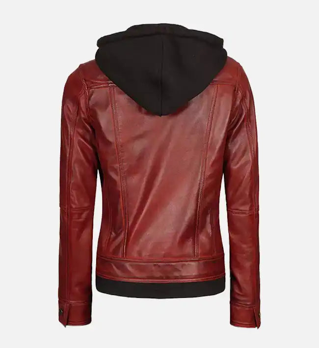 Women's Maroon Leather Jacket With Removable Hood