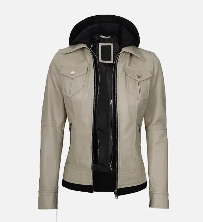 Women’s Beige Leather Jacket With Hood