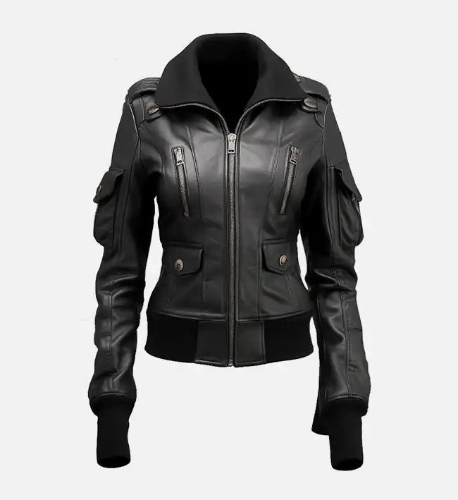 Women’s Black Leather Bomber Jacket