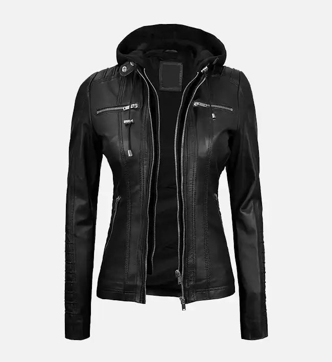 Women’s Black Leather Jacket With Removable Hood