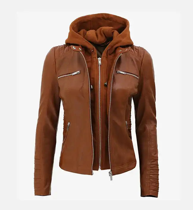 Women's Cognac Slim Fit Leather Jacket With Removable Hood