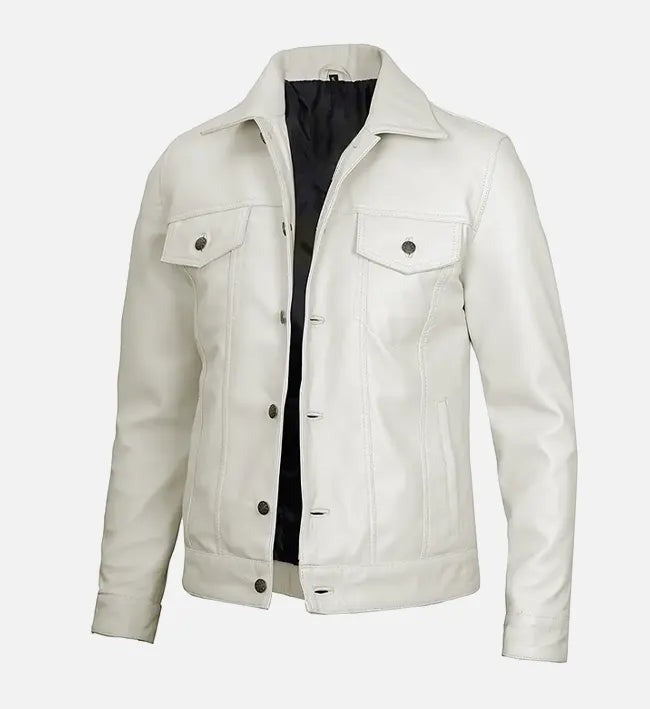 Men's Off White Real Leather Trucker Jacket