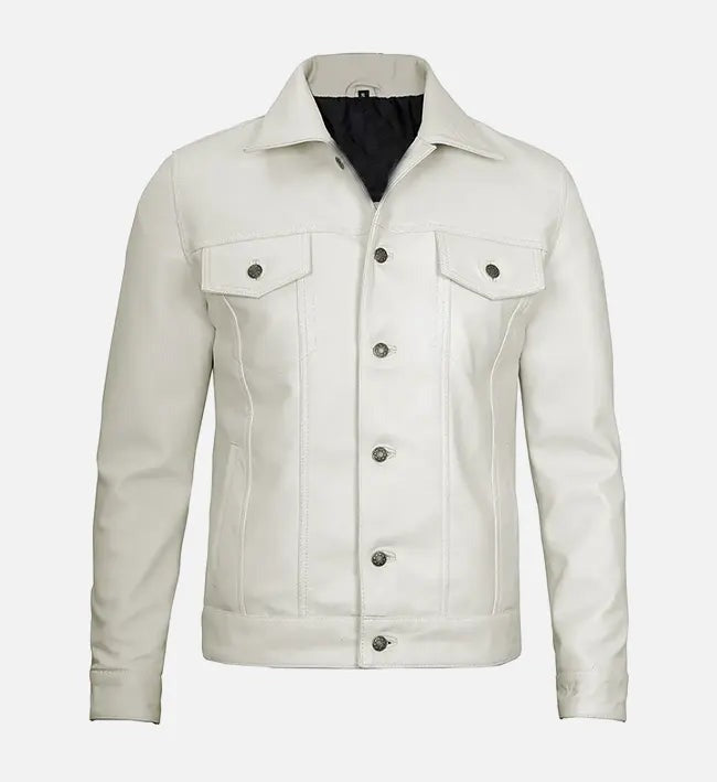 Men's Off White Real Leather Trucker Jacket