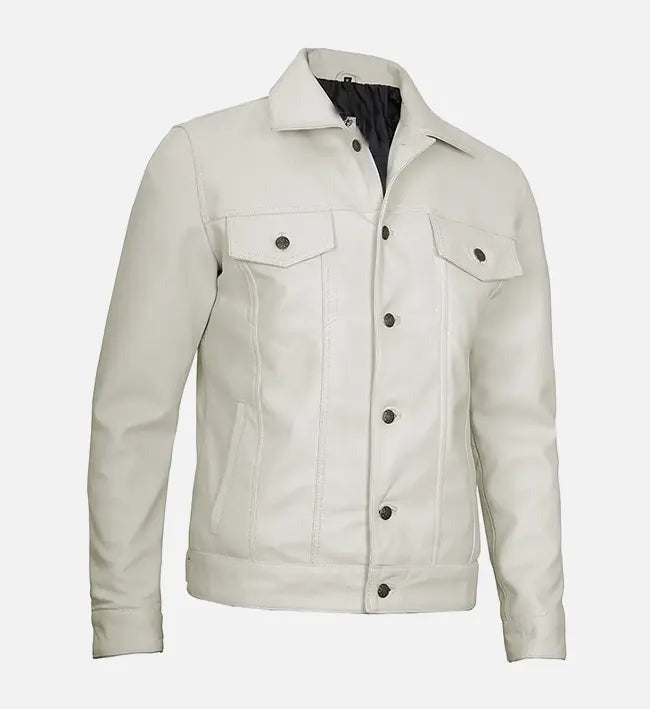 Men's Off White Real Leather Trucker Jacket