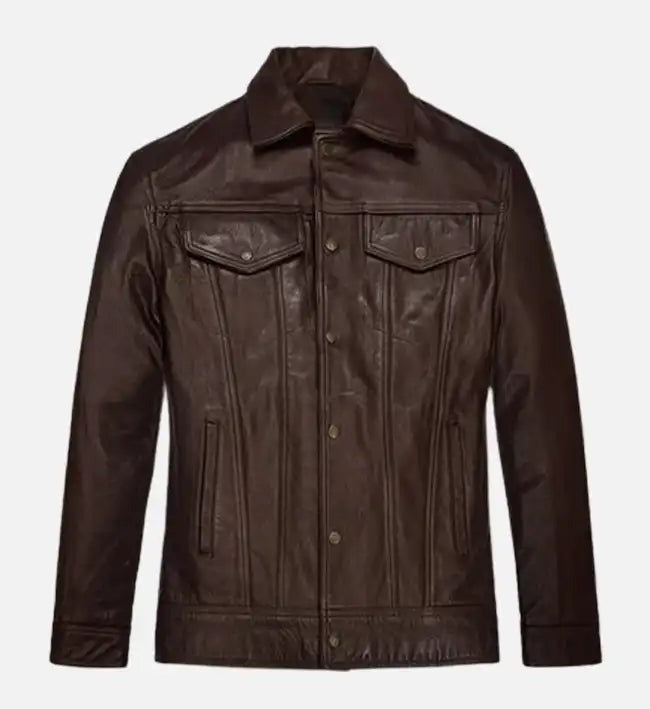 Men's Chocolate Brown Trucker Leather Jacket