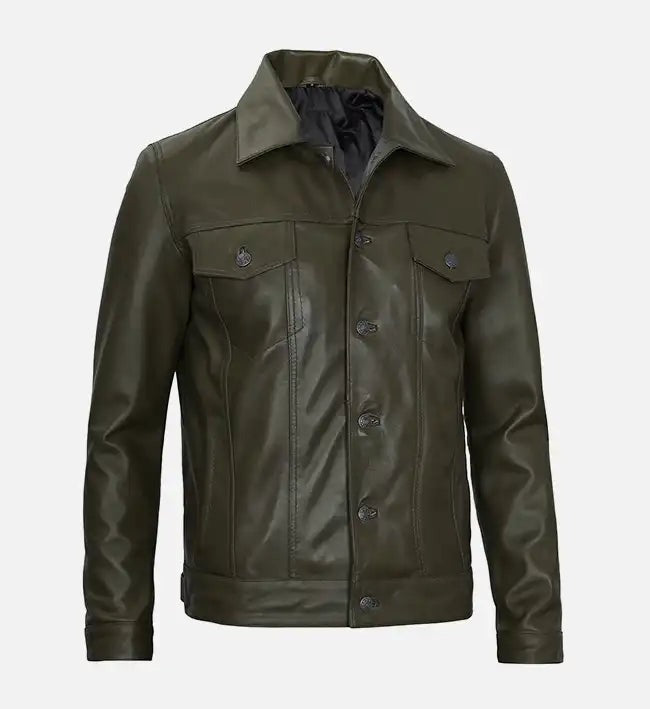 Men's Olive Green Real Leather Trucker Jacket