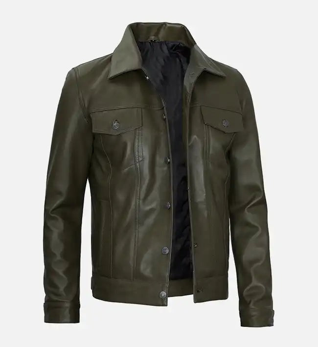 Men's Olive Green Real Leather Trucker Jacket