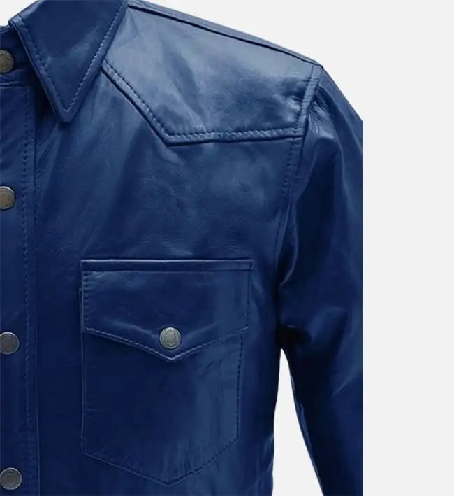 Men's Rich Blue Leather Trucker Jacket