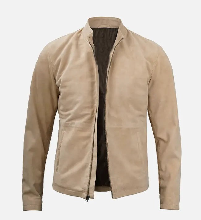 Men's Beige Cafe Racer Suede Leather Jacket