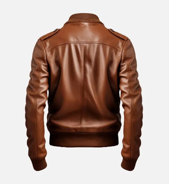 Men's Brown Leather Strap Pocket Style Bomber Jacket