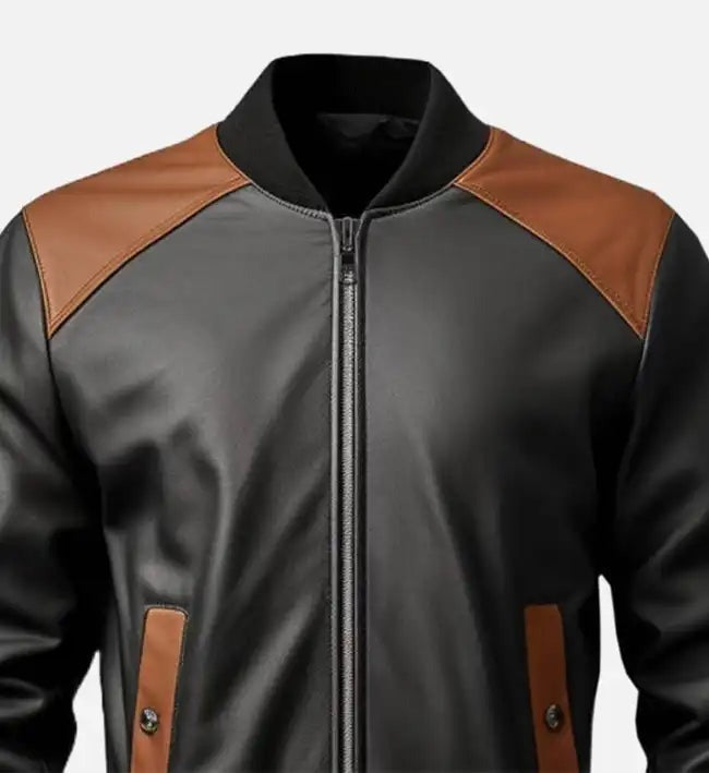 Men's Black and Brown Bomber Leather Jacket