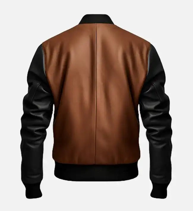 Men's Black and Brown Bomber Leather Jacket