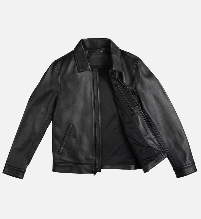 Men's Black Shirt Collar Style Leather Jacket