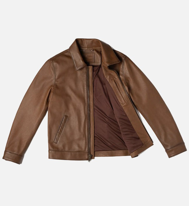 Men's Walnut Shirt Collar Style Leather Jacket