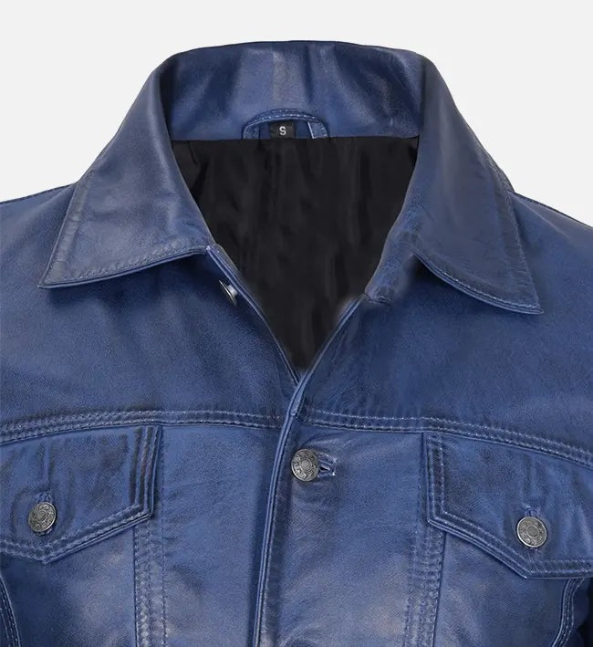 Men's Blue Leather Trucker Jacket