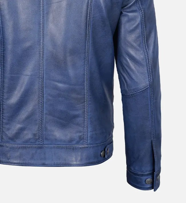 Men's Blue Leather Trucker Jacket