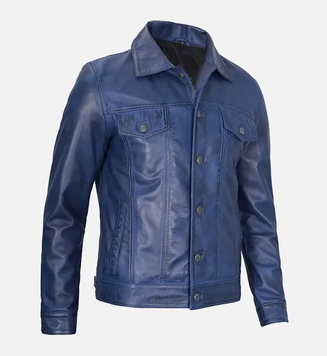 Men's Blue Leather Trucker Jacket