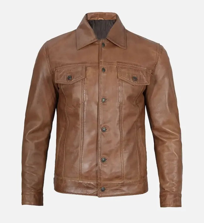 Men's Camel Brown Trucker Leather Jacket