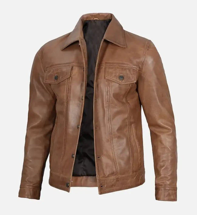 Men's Camel Brown Trucker Leather Jacket