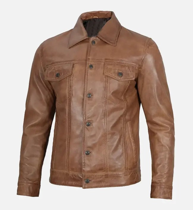 Men's Camel Brown Trucker Leather Jacket