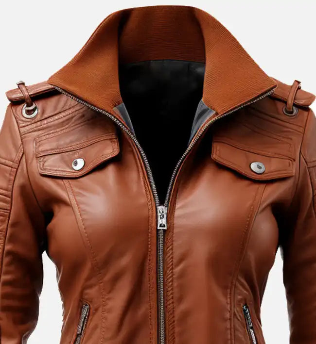 Women's Brown Leather Bomber Jacket