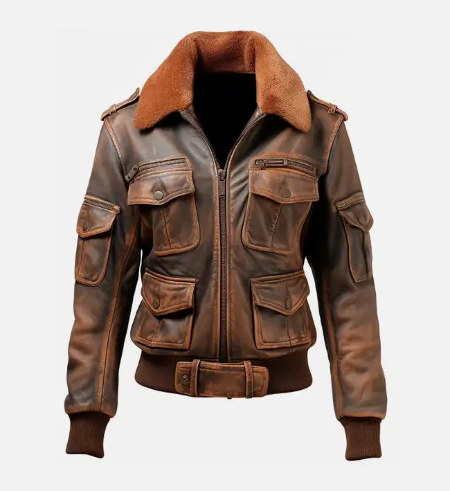 Women's Distressed Brown Bomber Leather Jacket