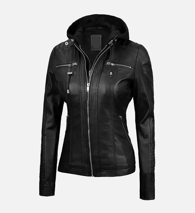 Women’s Black Leather Jacket With Removable Hood