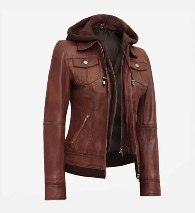 Women's Dark Brown Leather Jacket With Removable Hood