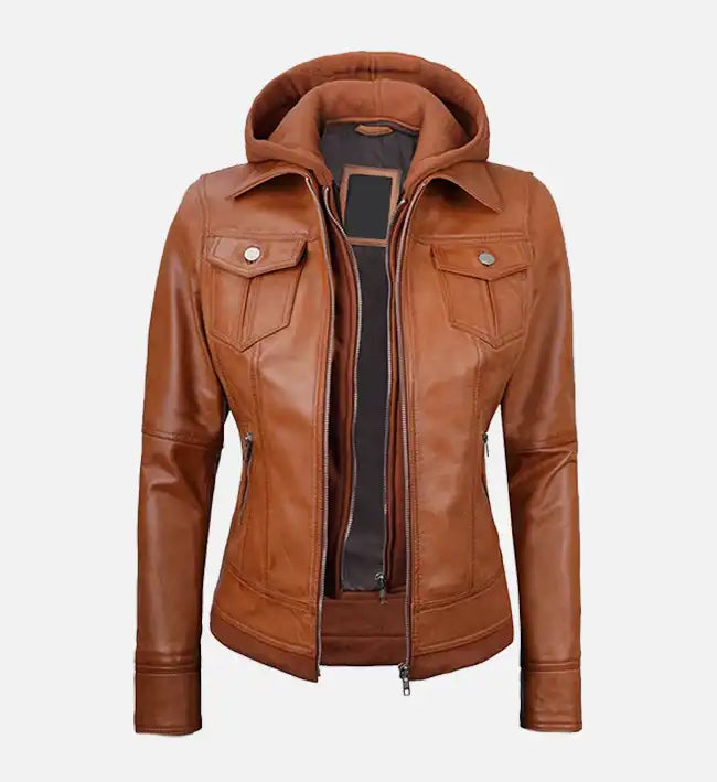 Women's Tan Wax Leather Jacket With Detachable Hood