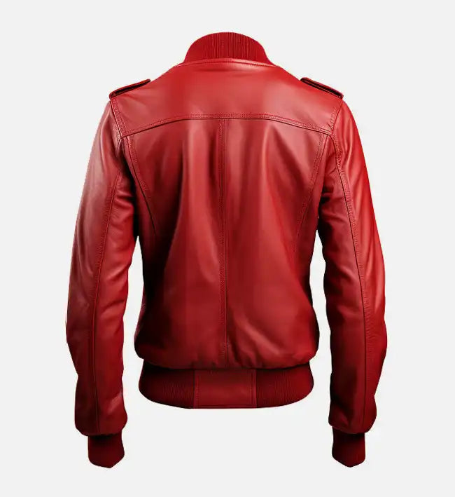 Women's Red Leather Bomber Jacket with Strap Pockets