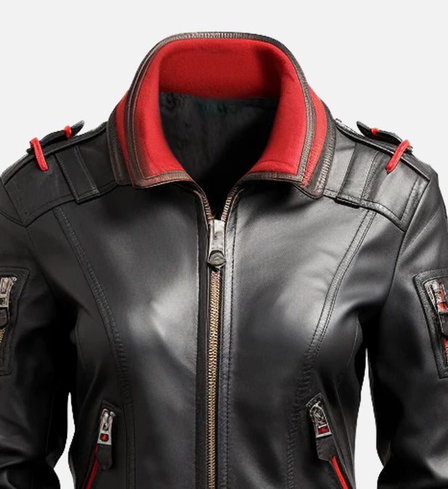 Women’s Black & Red Bomber Leather Jacket