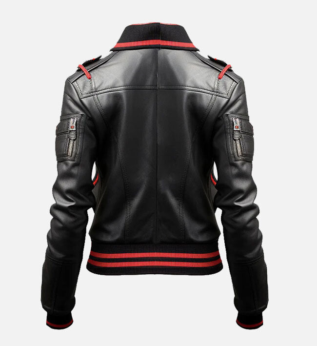 Women’s Black & Red Bomber Leather Jacket